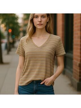 American Eagle Soft & Sexy Striped V-Neck Oversized Top Tan Green XS